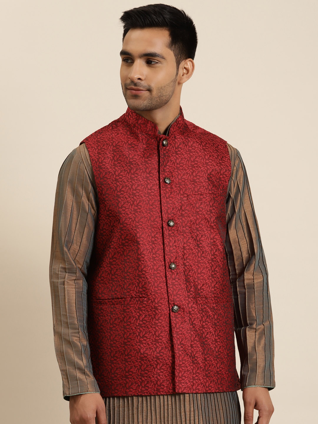 

Sojanya Men Red & Black Jacquard Woven Design Nehru Jacket