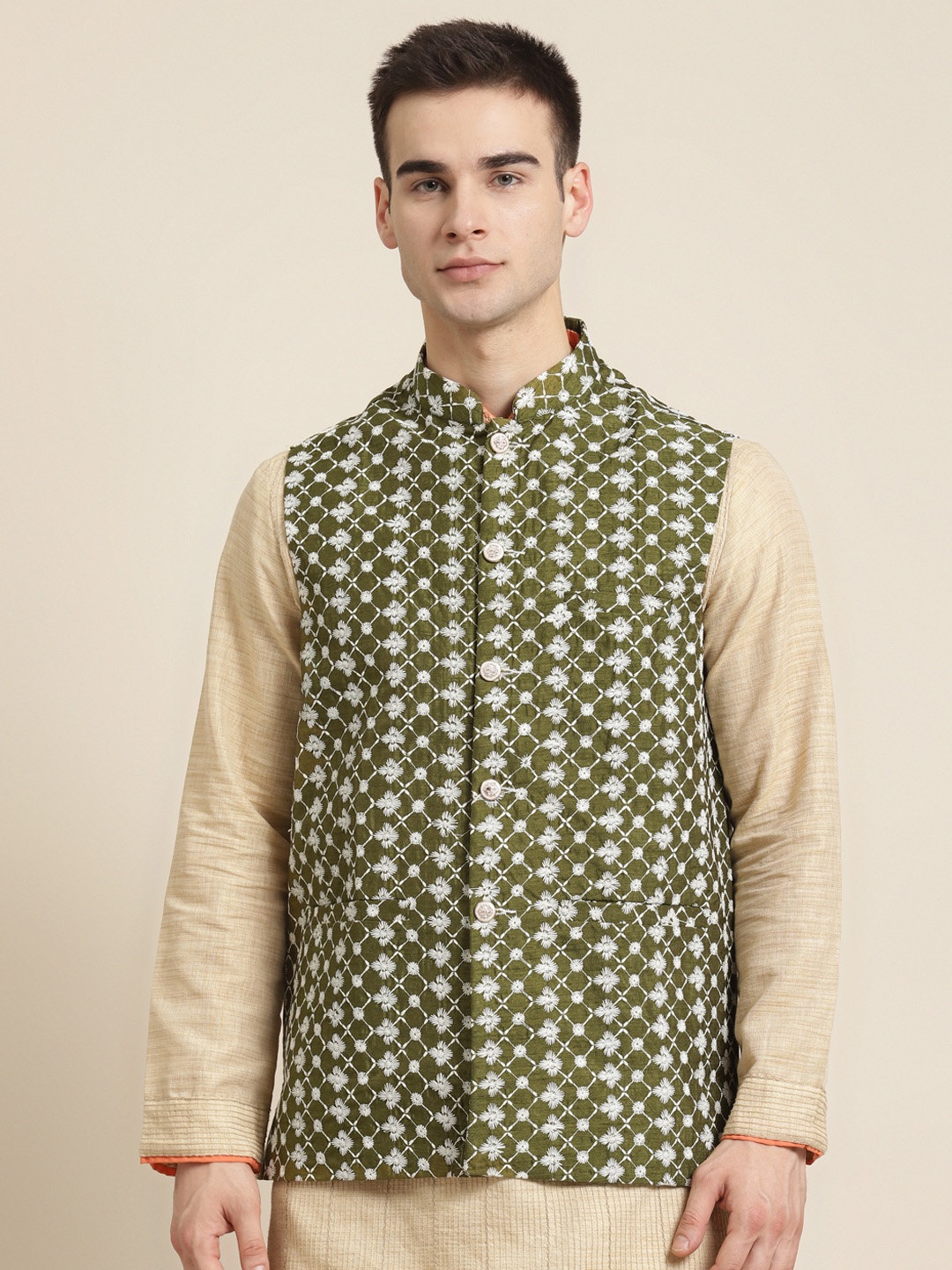 

Sojanya Men Olive Green & White Embroidered Nehru Jacket