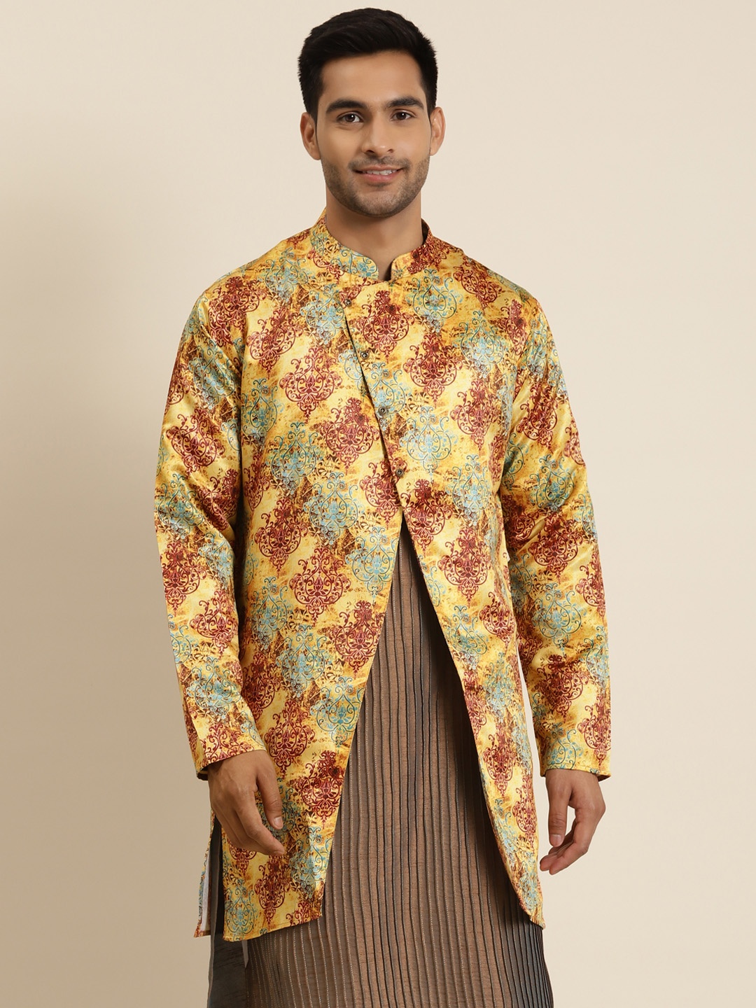 

SOJANYA Men Mustard Yellow & Maroon Printed Tailored Jacket