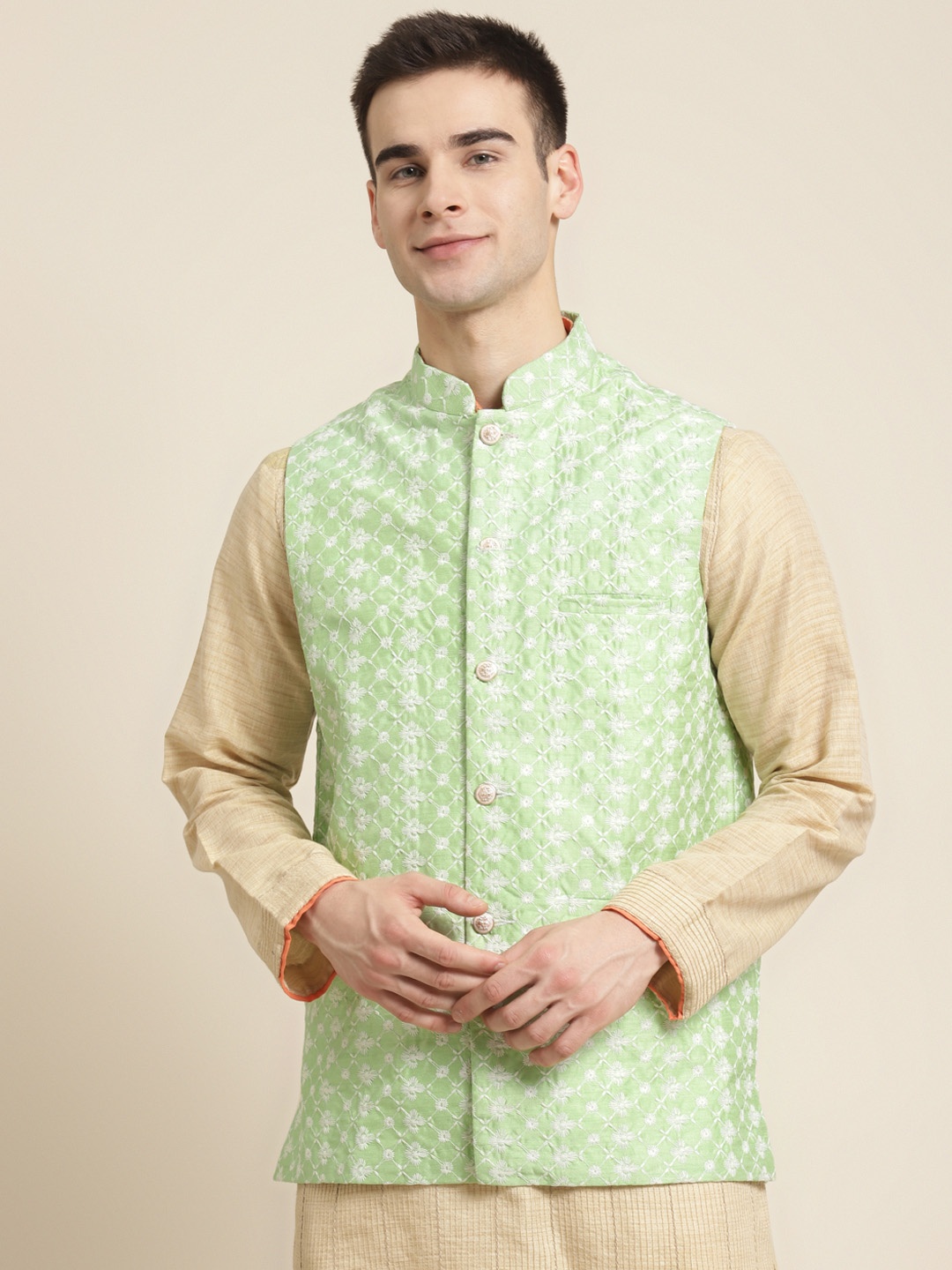 

Sojanya Men Green & White Embroidered Nehru Jacket