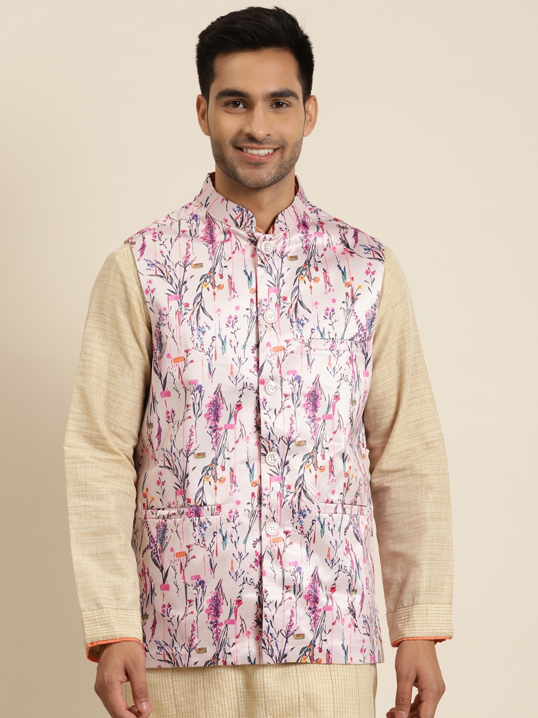 

Sojanya Men Pink & Purple Printed Nehru Jacket