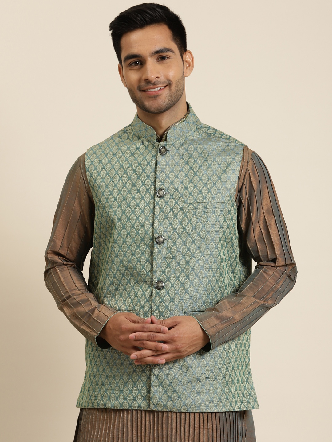 

Sojanya Men Sea Green and Golden Woven Design Jacquard Silk Nehru Jacket, Teal