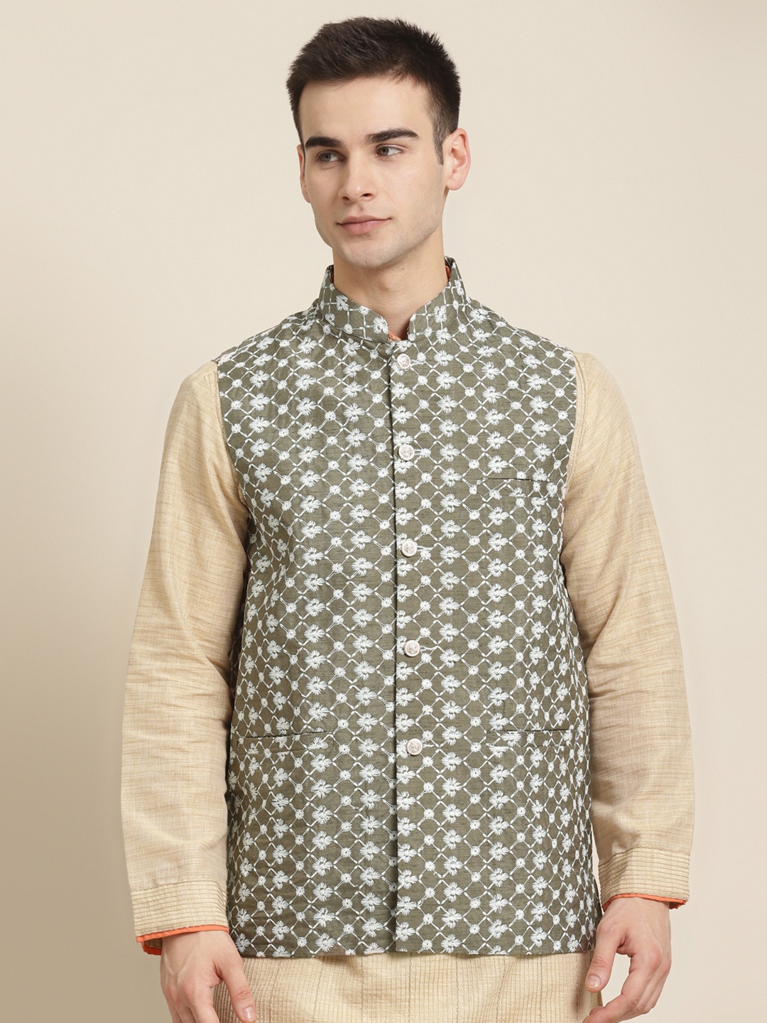 

Sojanya Men Olive Green & White Ethnic Motifs Embroidered Nehru Jacket
