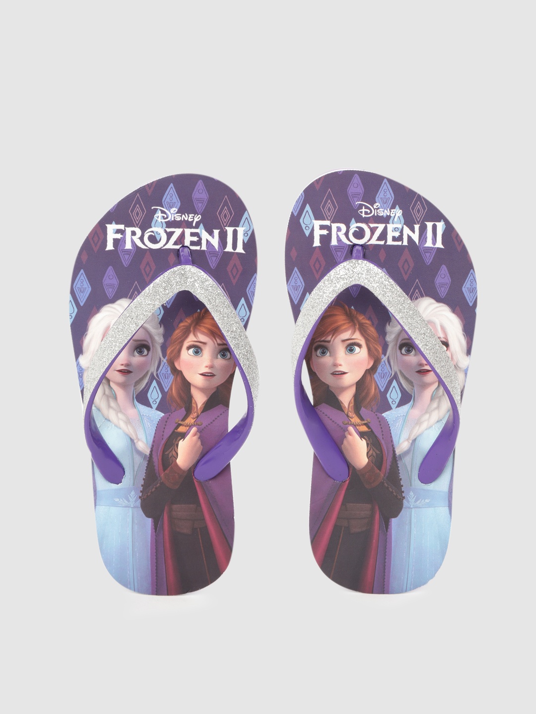 

toothless Girls Silver-Toned & Purple Disney Frozen Elsa & Anna Print Thong Flip-Flops