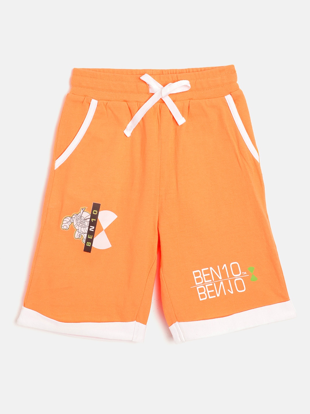 

toothless Boys Orange & White Pure Cotton Ben 10 Print Detail Regular Fit Shorts
