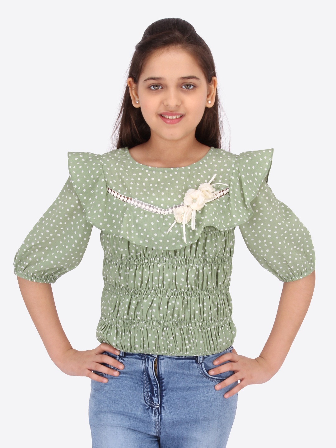 

Cutecumber Green Printed Puff Sleeves Layered Chiffon Regular Top