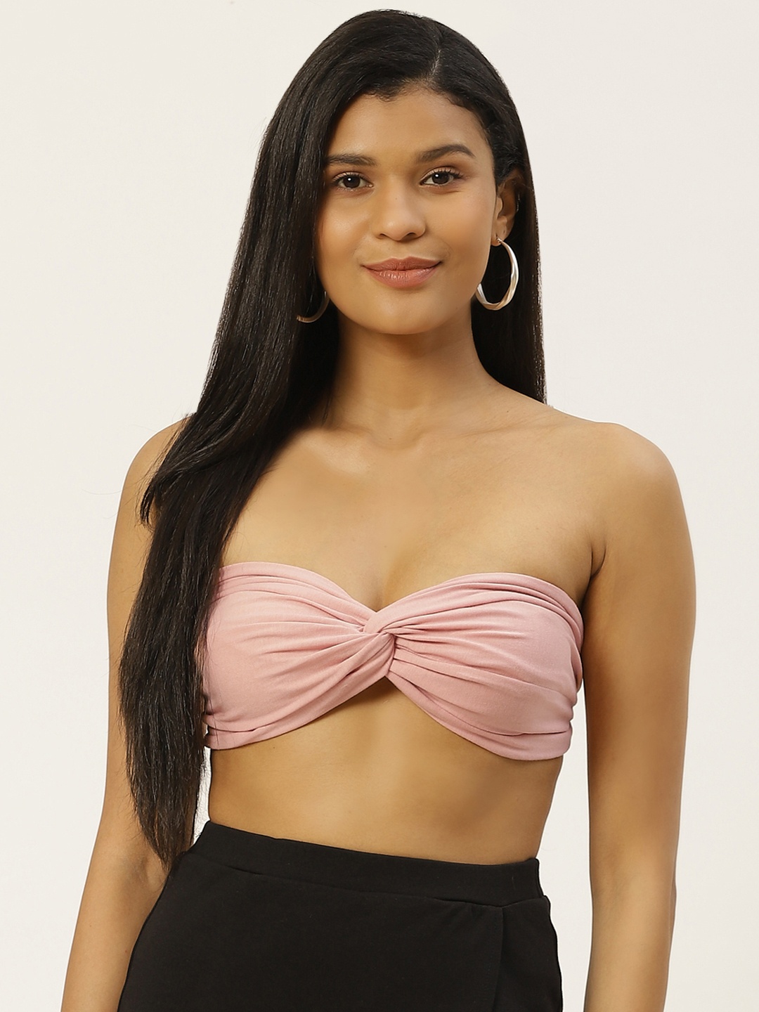 

Besiva Women Pink Solid Twisted Tube Crop Top with Gather Detail