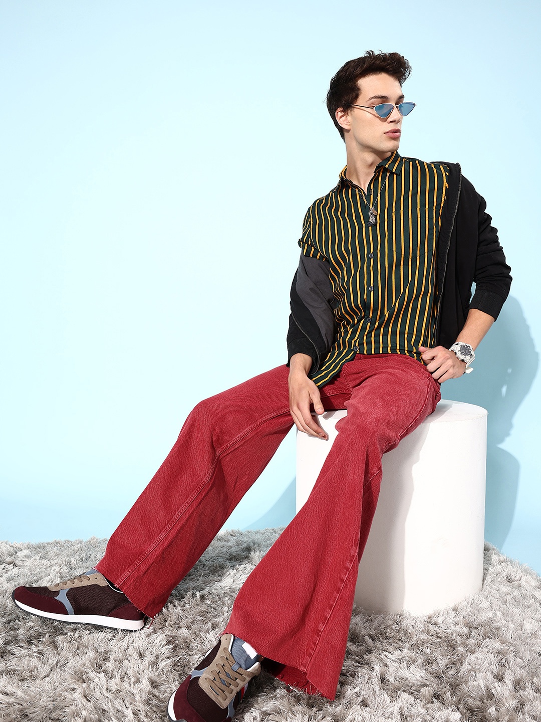 

HIGHLANDER Men Mustard Vertical Stripes Resort Wear Shirt