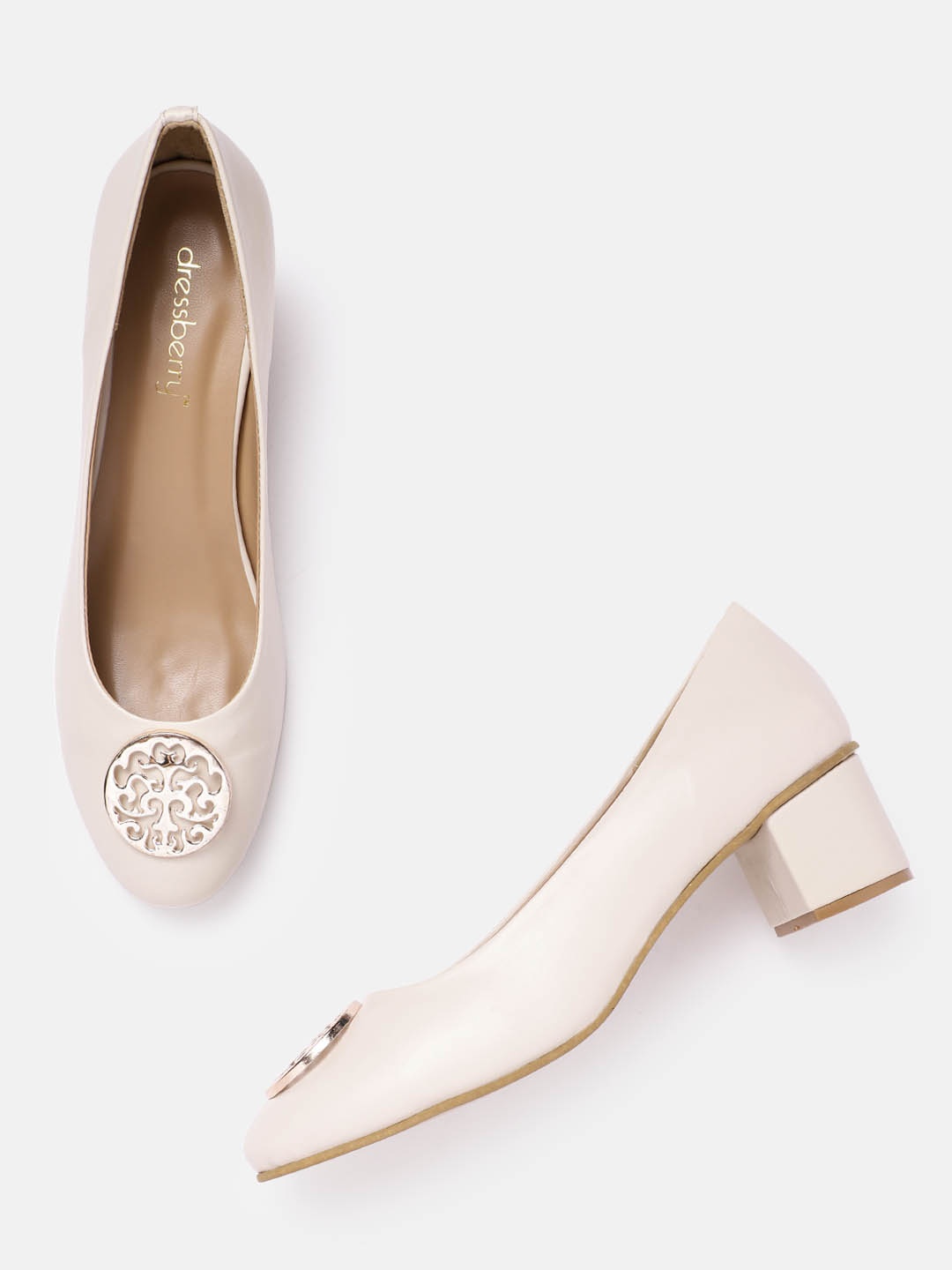 

DressBerry Off White Solid Block Heeled Pumps with Embellished Detail