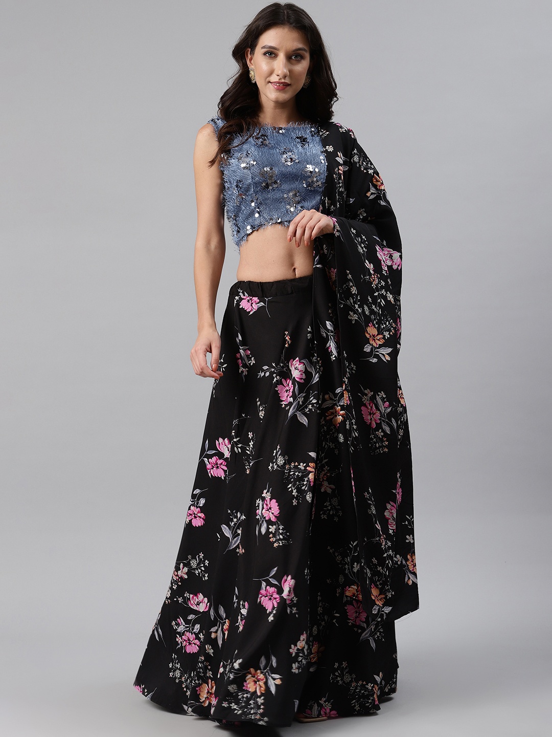 

SHUBHKALA Black & Blue Floral Print Semi-Stitched Lehenga & Unstitched Blouse with Dupatta