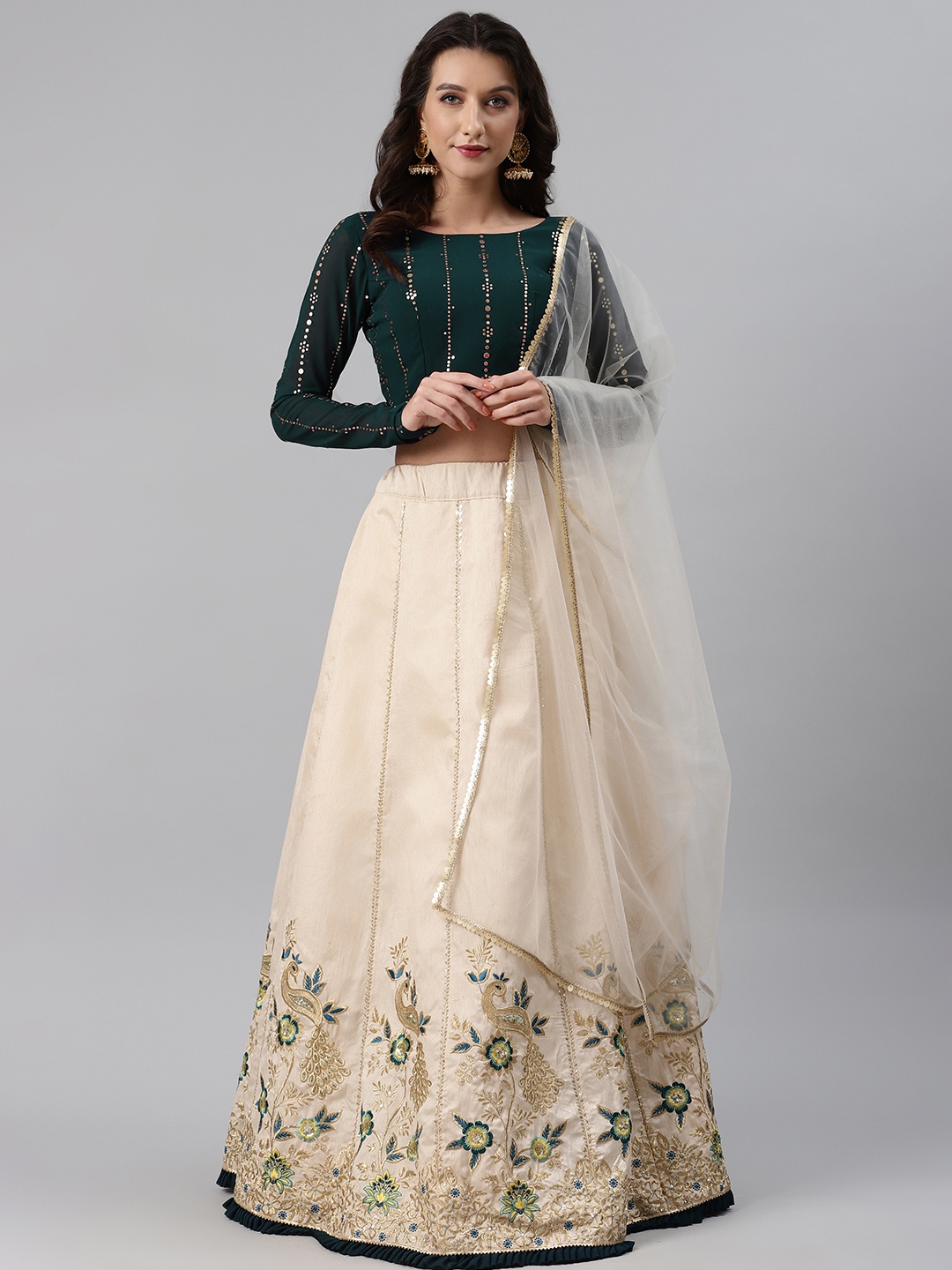 

SHUBHKALA Beige & Green Mukaish Semi-Stitched Lehenga & Unstitched Blouse with Dupatta