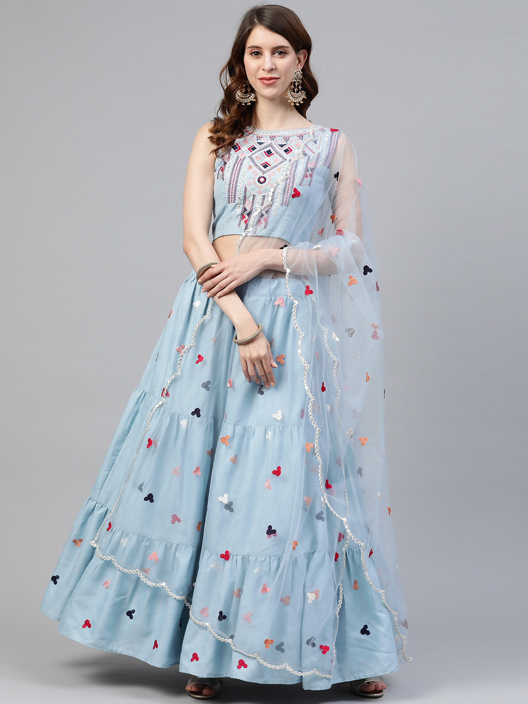 

SHUBHKALA Blue Semi-Stitched Tiered Embroidered Lehenga & Blouse with Dupatta