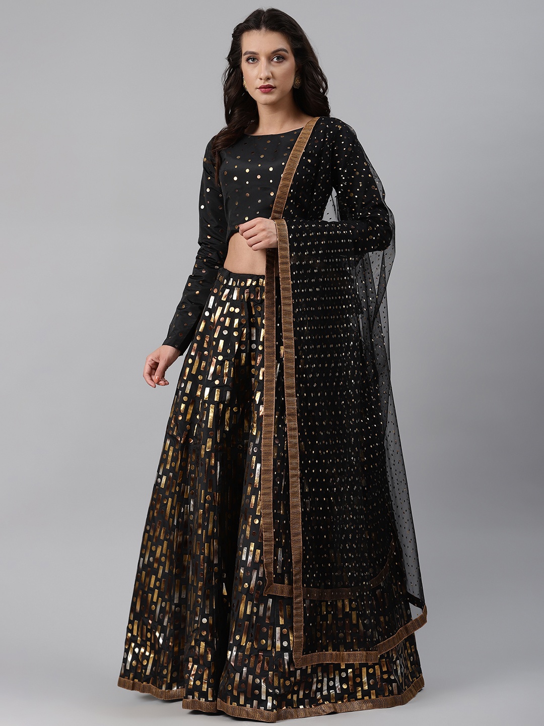

SHUBHKALA Black & Golden Printed Semi-Stitched Lehenga & Unstitched Blouse with Dupatta