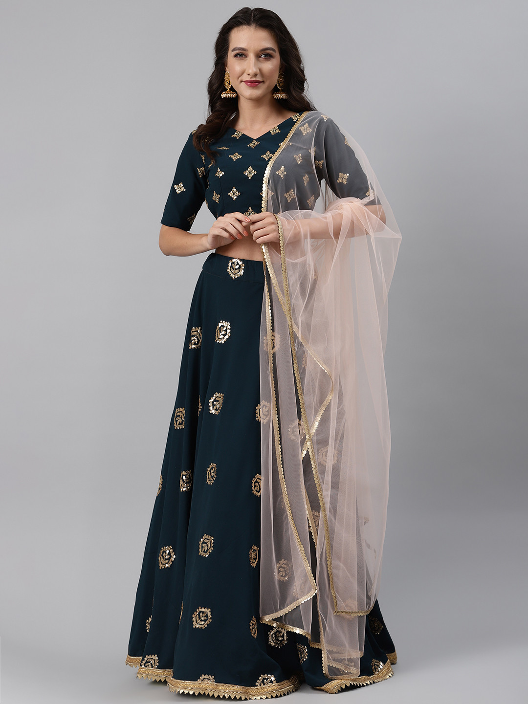 

SHUBHKALA Teal & Golden Embellished Semi-Stitched Lehenga & Unstitched Blouse with Dupatta