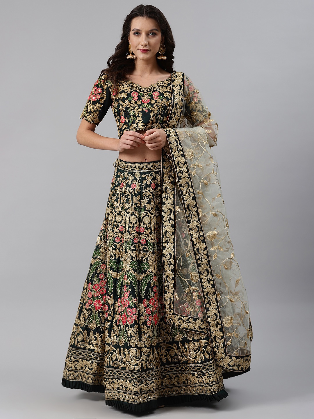 

SHUBHKALA Green & Golden Embroidered Semi-Stitched Lehenga Unstitched Blouse with Dupatta