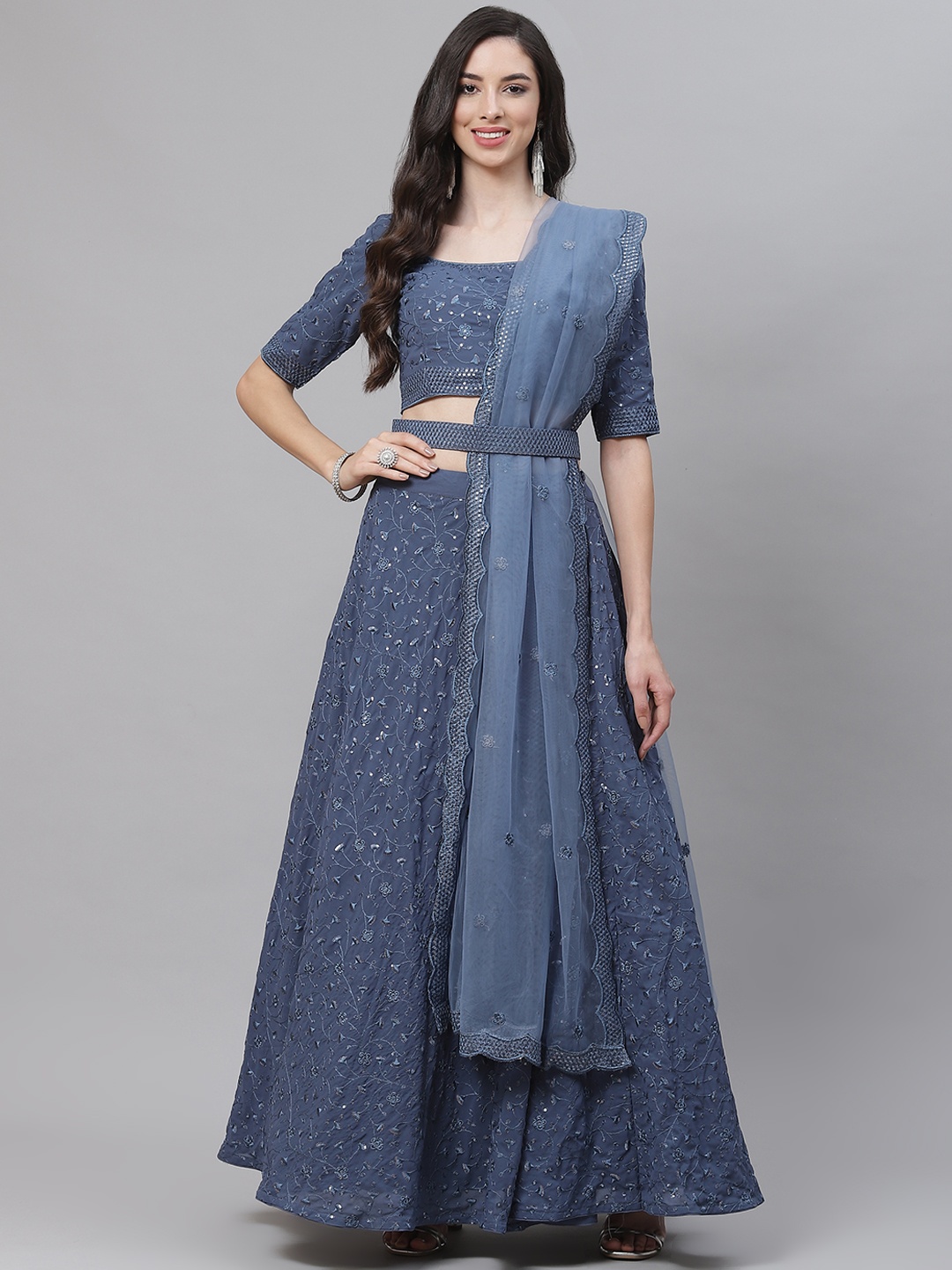 

SHUBHKALA Blue Embroidered Sequinned Semi-Stitched Lehenga & Unstitched Blouse With Dupatta