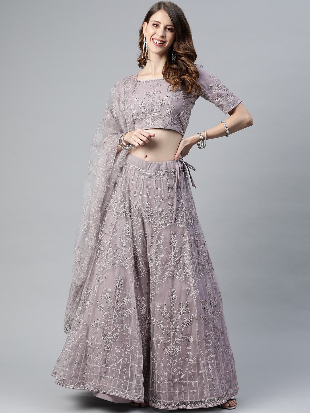 

SHUBHKALA Mauve Embellished Semi-Stitched Lehenga & Unstitched Blouse With Dupatta