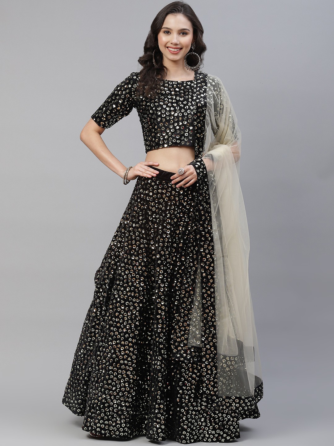 

SHUBHKALA Black & Silver Embellished Semi-Stitched Lehenga With Blouse & Dupatta