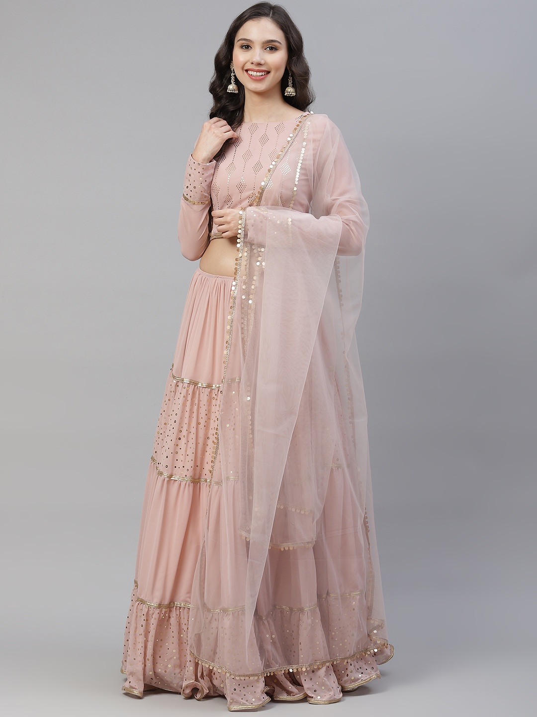 

SHUBHKALA Mukaish Work Sequinned Semi-Stitched Lehenga & Unstitched Blouse With Dupatta, Pink