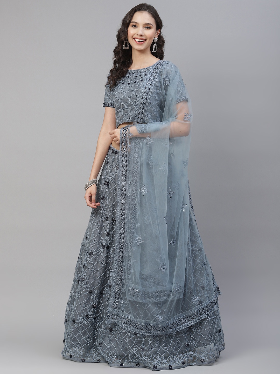 

SHUBHKALA Grey Embroidered Beads and Stones Semi-Stitched Lehenga & Unstitched Blouse With Dupatta