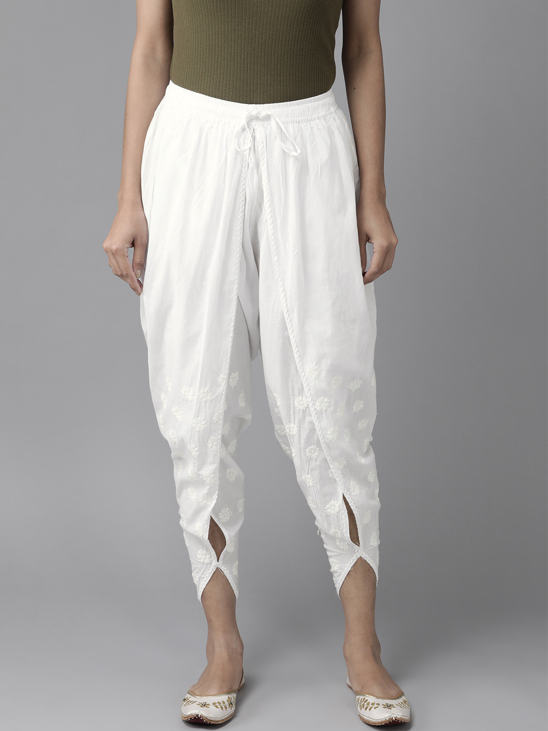 

ADA Women White Chikankari Hand-Embroidered Cotton Handloom Dhoti Pants