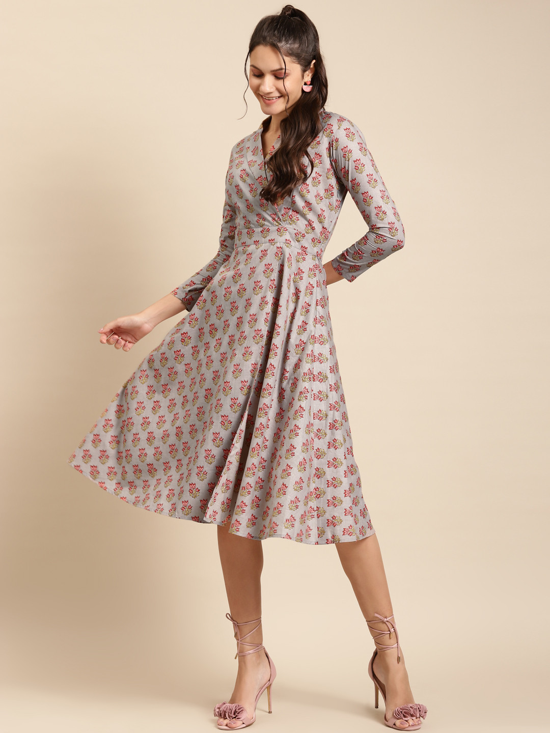 

MABISH by Sonal Jain Women Grey & Pink Cotton Printed Wrap Dress
