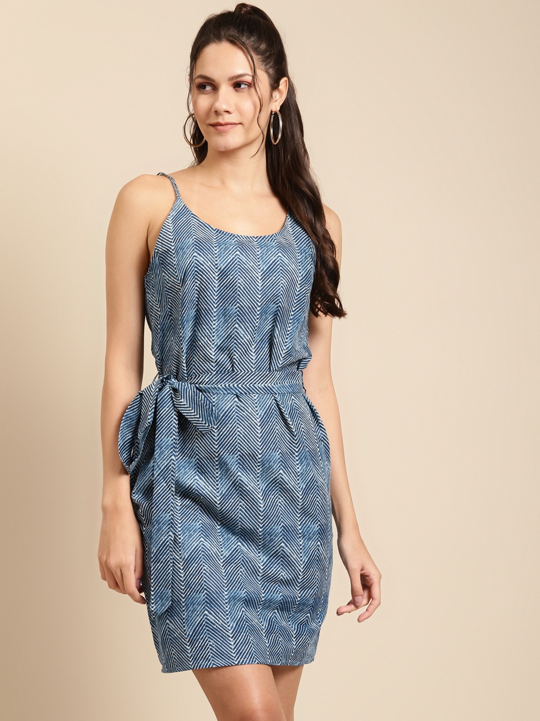 

MABISH by Sonal Jain Women Navy Blue Cotton Chevron Printed Sheath Dress