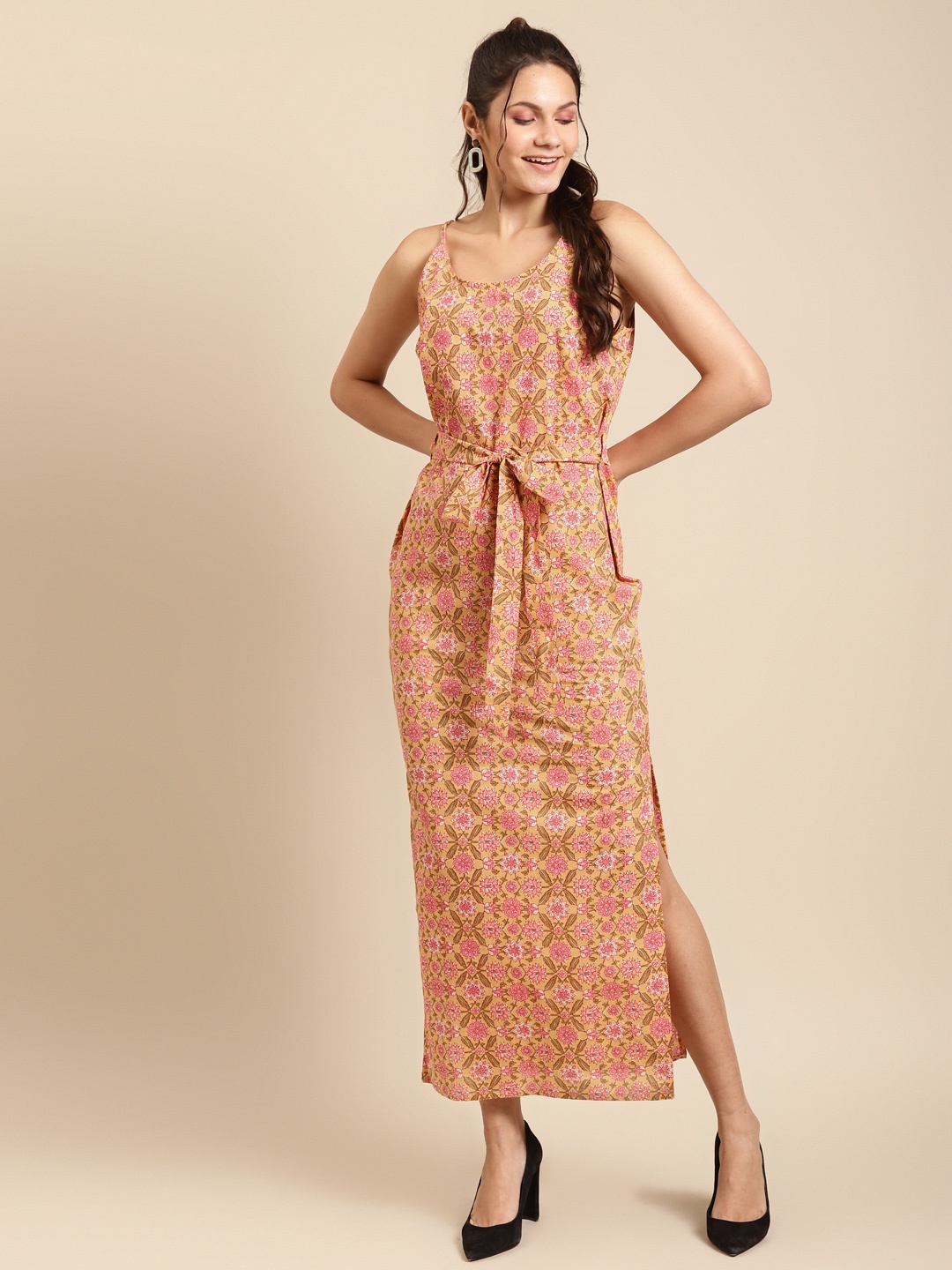 

MABISH by Sonal Jain Women Peach-Coloured & Pink Cotton Printed Maxi Dress