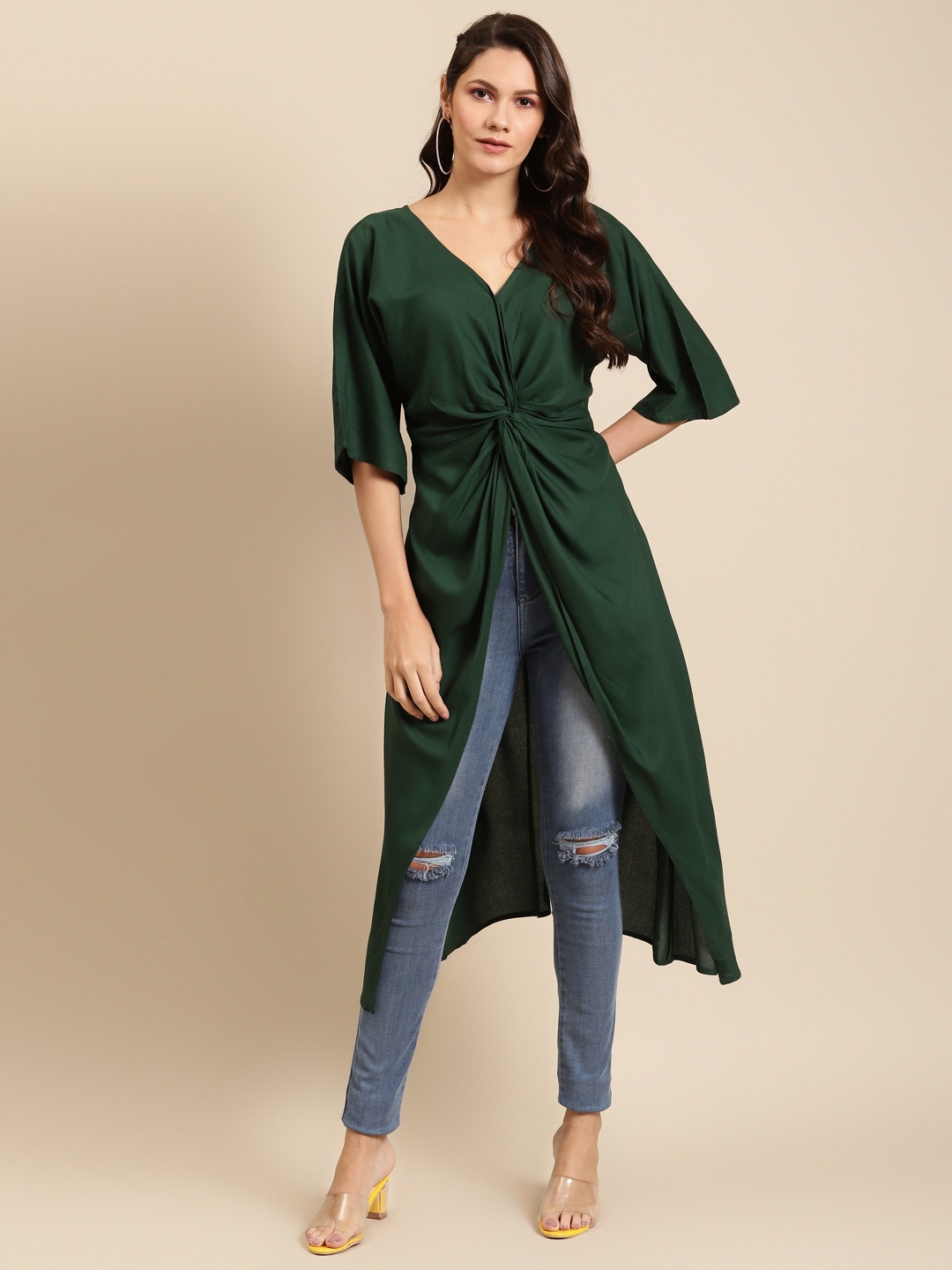 

MABISH by Sonal Jain Green Solid Flared Sleeves Twisted Longline Top