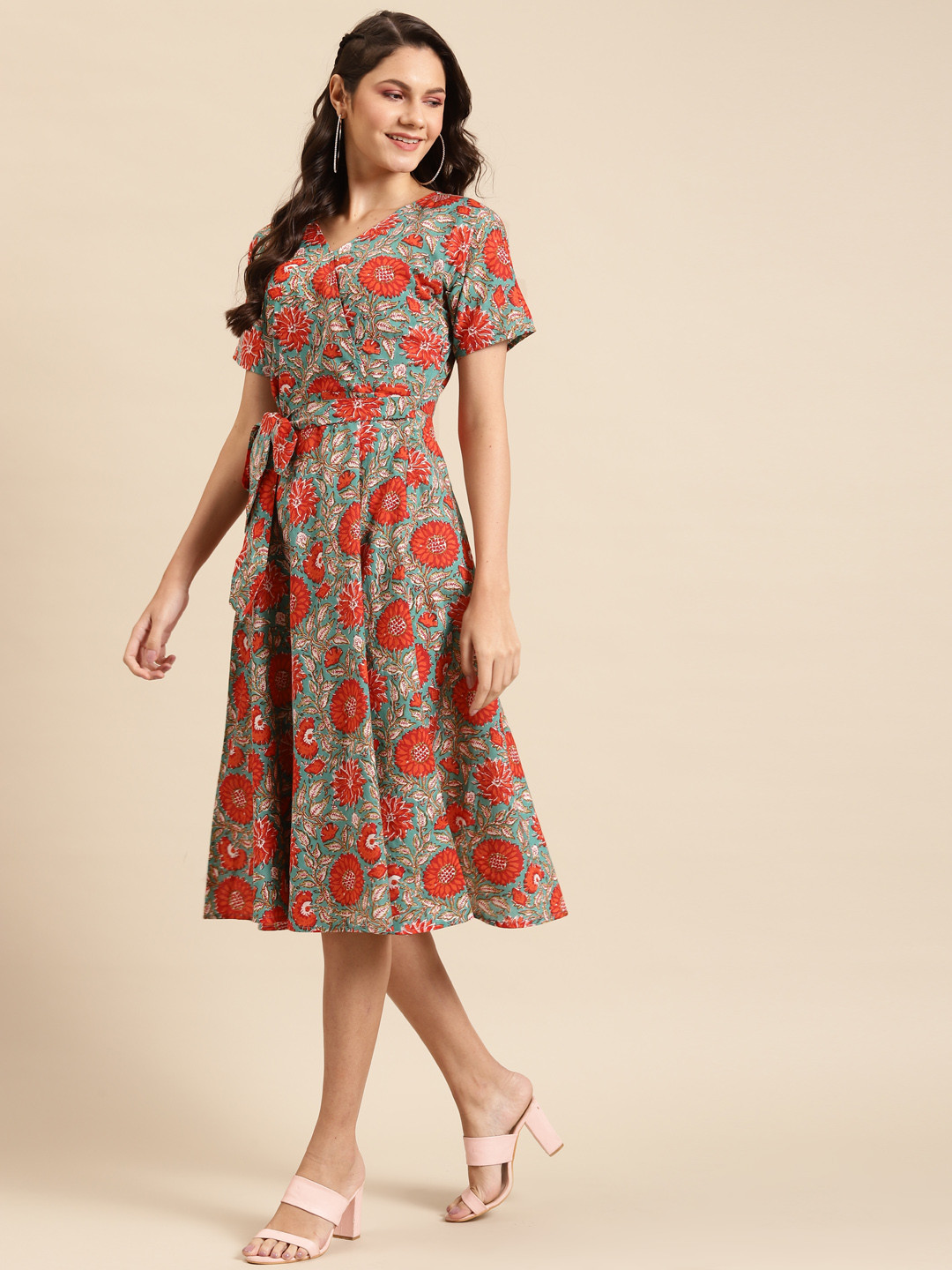 

MABISH by Sonal Jain Women Teal Blue & Coral Orange Pure Cotton Printed Wrap Dress
