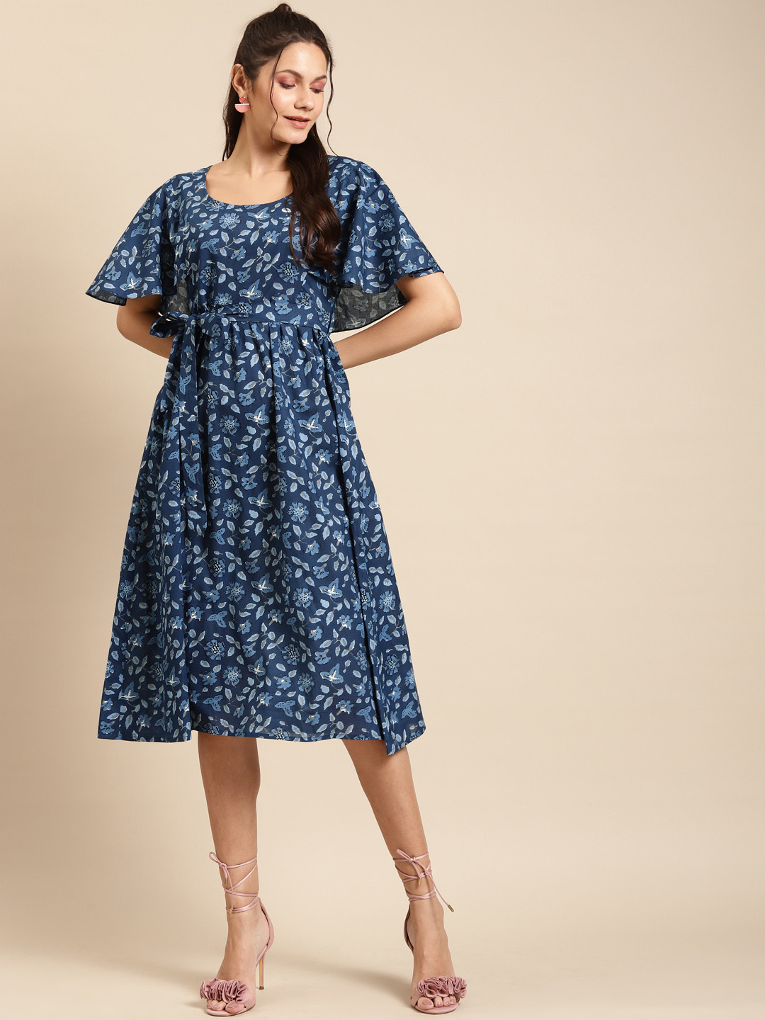 

MABISH by Sonal Jain Women Blue Cotton Floral Print Fit and Flare Dress