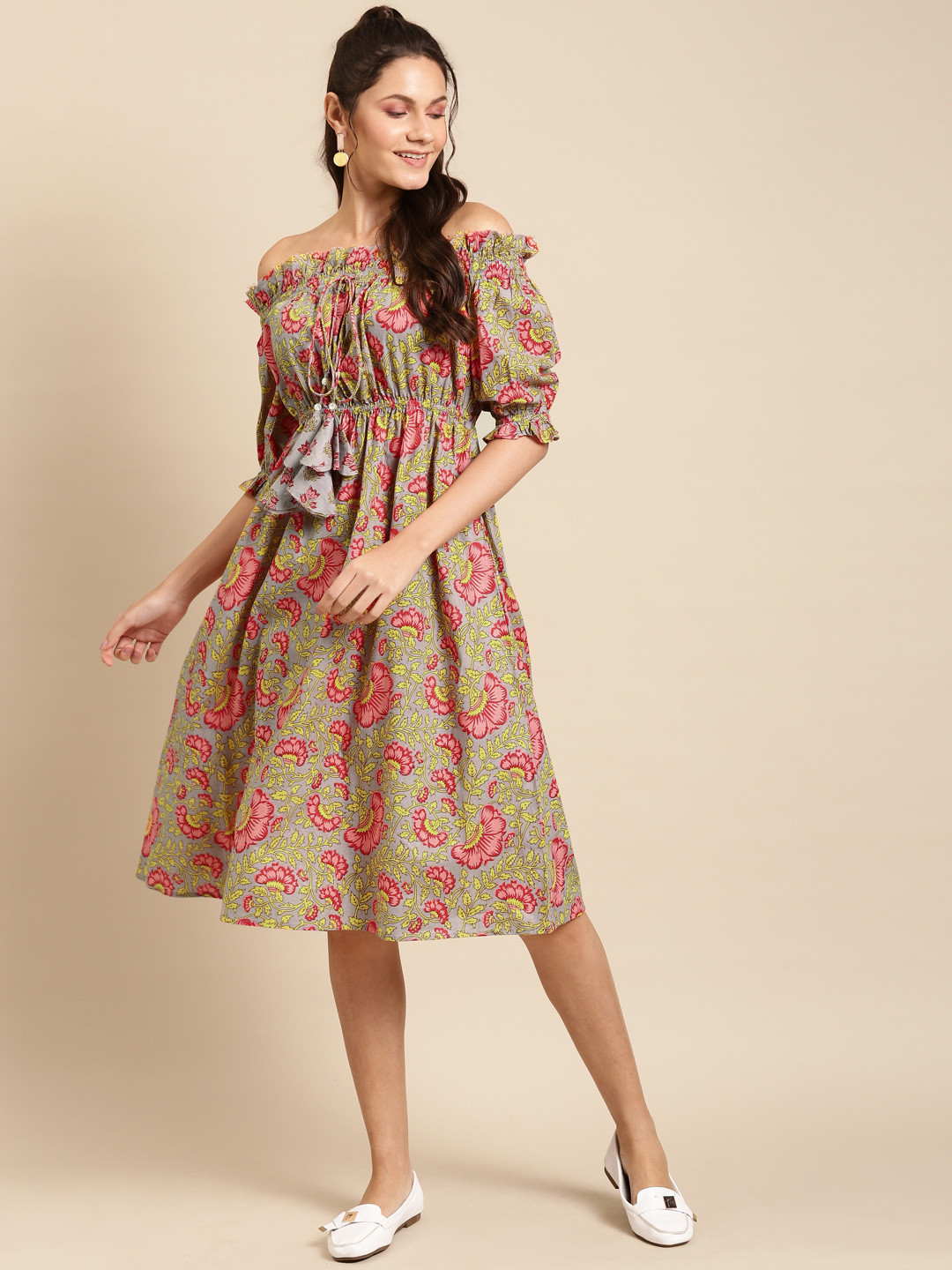 

MABISH by Sonal Jain Women Grey & Pink Cotton Floral Print Off-Shoulder A-Line Dress