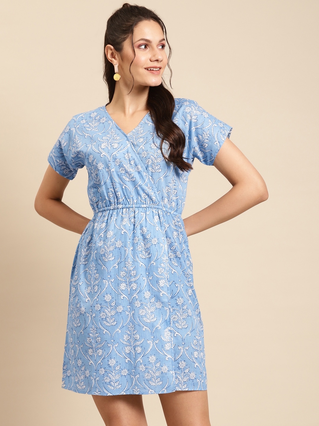 

MABISH by Sonal Jain Women Blue & White Cotton Printed Wrap Dress