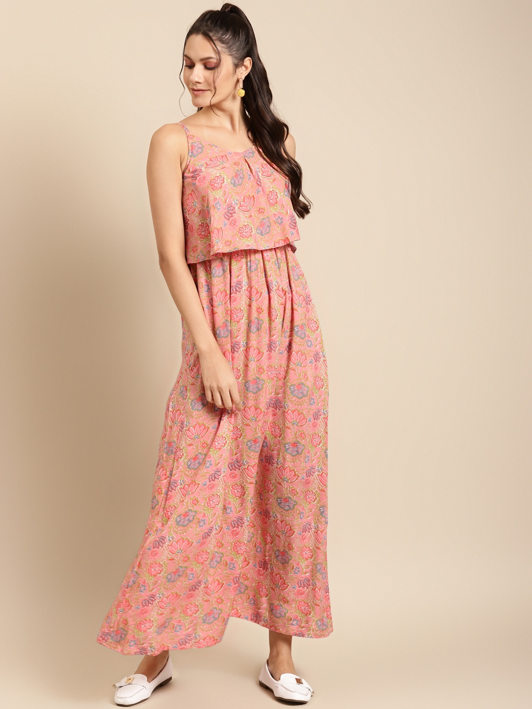 

MABISH by Sonal Jain Women Peach-Coloured & Blue Layered Printed Maxi Dress