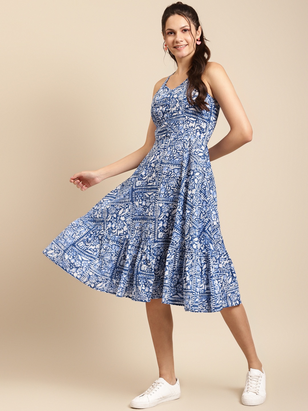 

MABISH by Sonal Jain Blue & White Cotton Ethnic Motif Print Midi A-Line Dress