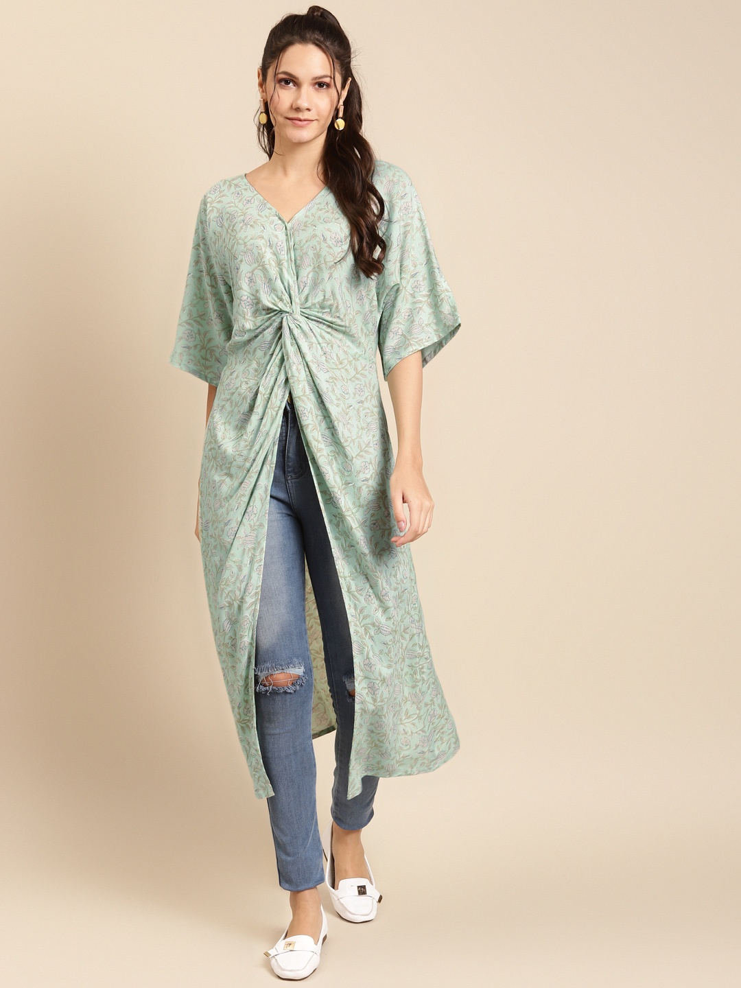 

MABISH by Sonal Jain Green & Off White Floral Print Twisted LonglineTop