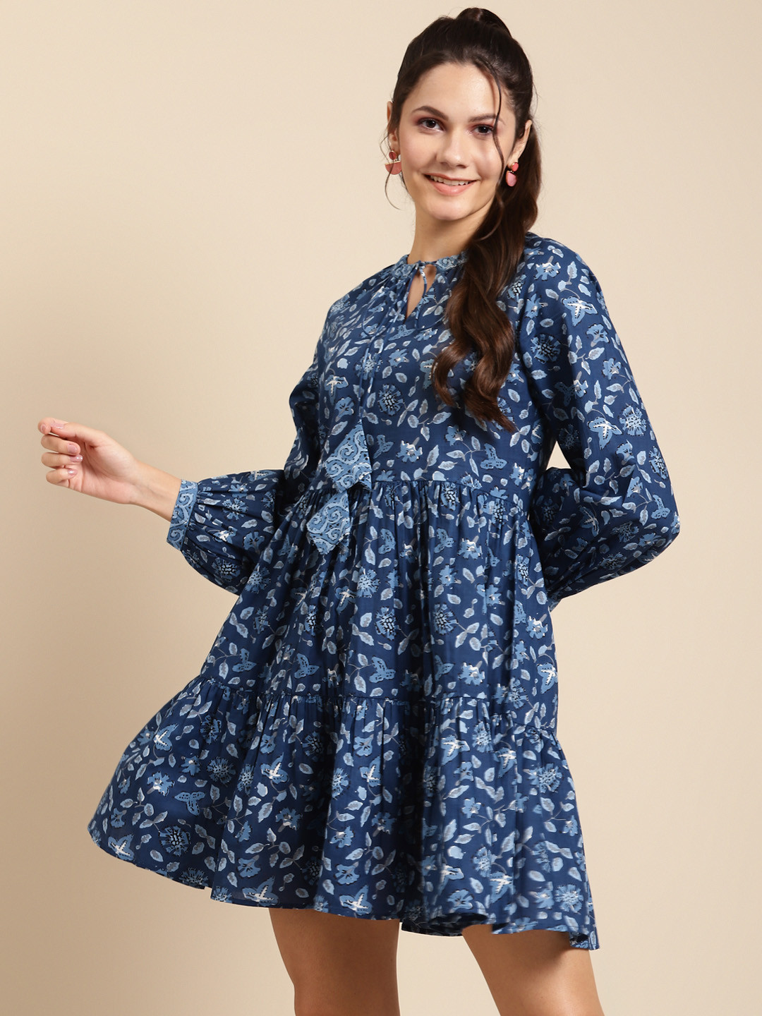

MABISH by Sonal Jain Women Navy Blue & White Cotton Tiered Printed A-Line Mini Dress
