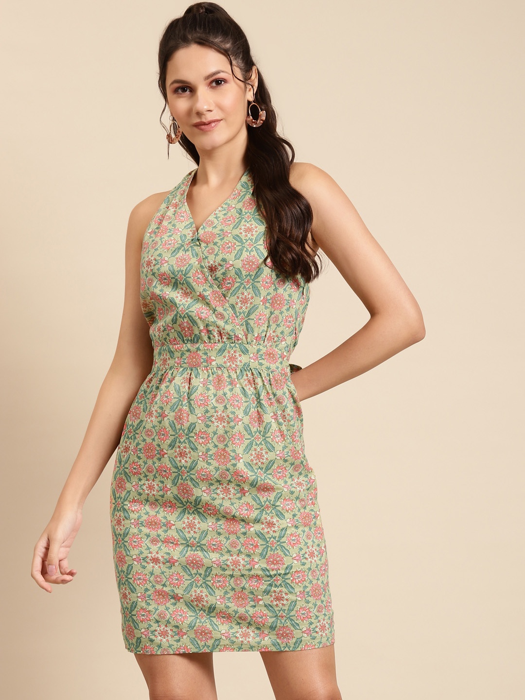 

MABISH by Sonal Jain Women Green & Pink Cotton Floral Print Sheath Dress