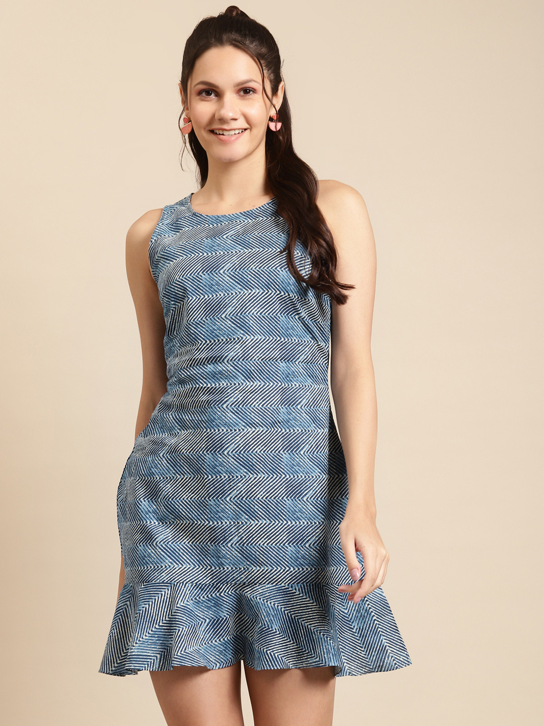 

MABISH by Sonal Jain Women Blue & White Cotton Striped A-Line Dress