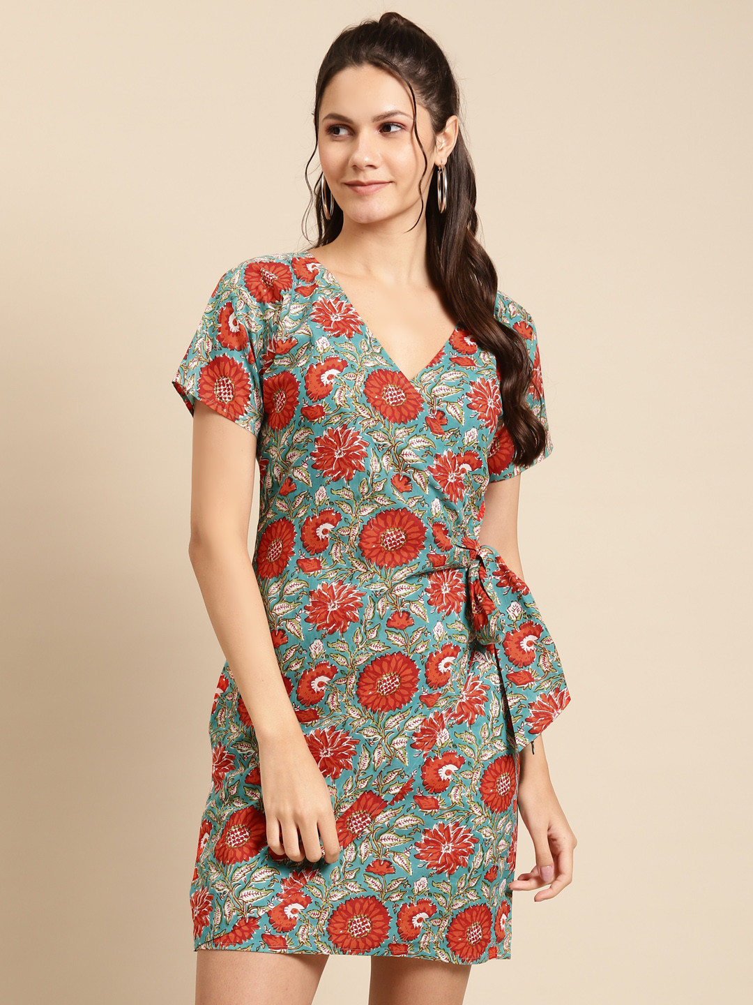 

MABISH by Sonal Jain Women Teal Blue & Coral Orange Pure Cotton Printed Wrap Dress