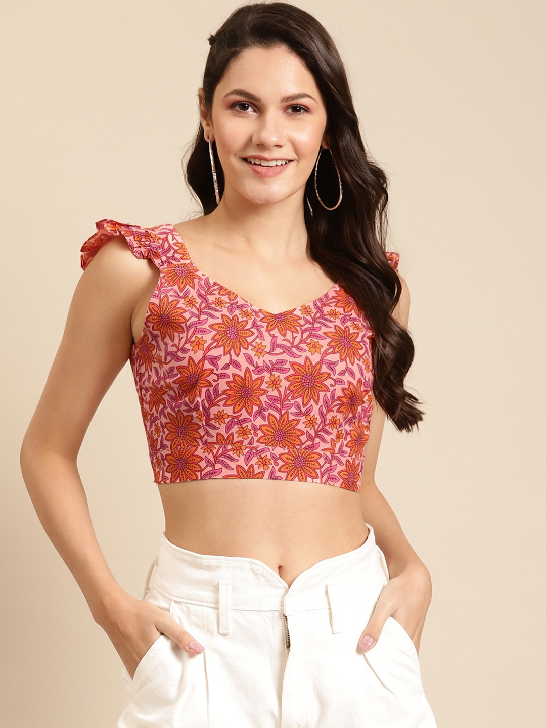 

MABISH by Sonal Jain Pink & Orange Floral Printed Pure Cotton Cropped Styled Back Top