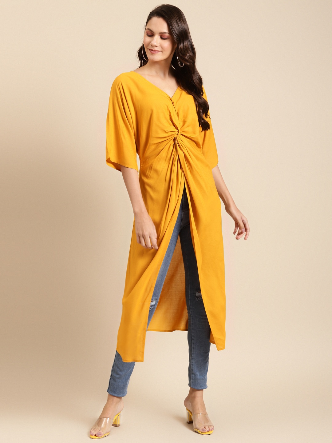 

MABISH by Sonal Jain Mustard Yellow Solid Flared Sleeves Twisted Longline Top