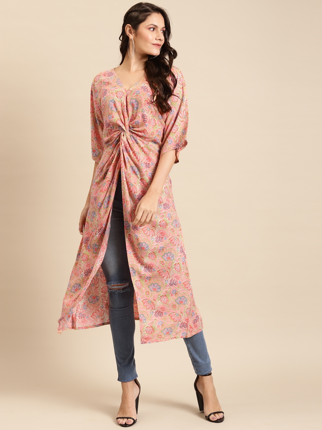 

MABISH by Sonal Jain Peach-Coloured & Blue Floral Print Twisted LonglineTop