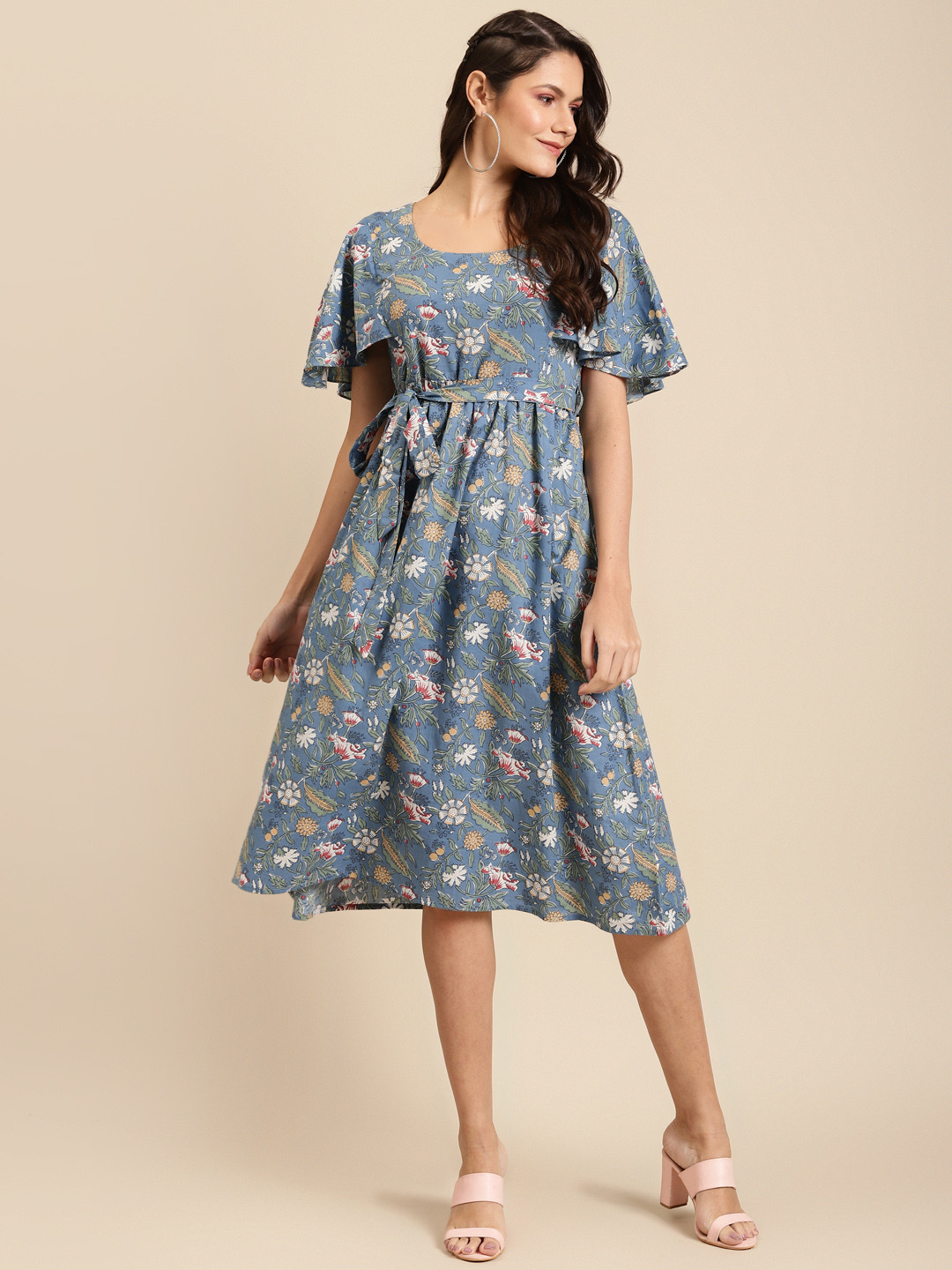 

MABISH by Sonal Jain Women Blue & White Cotton Printed A-Line Dress with Gathered Detail