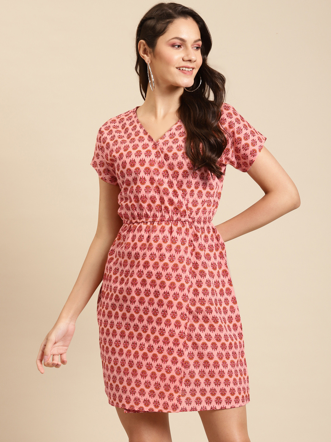 

MABISH by Sonal Jain Women Pink & Red Cotton Printed Wrap Dress