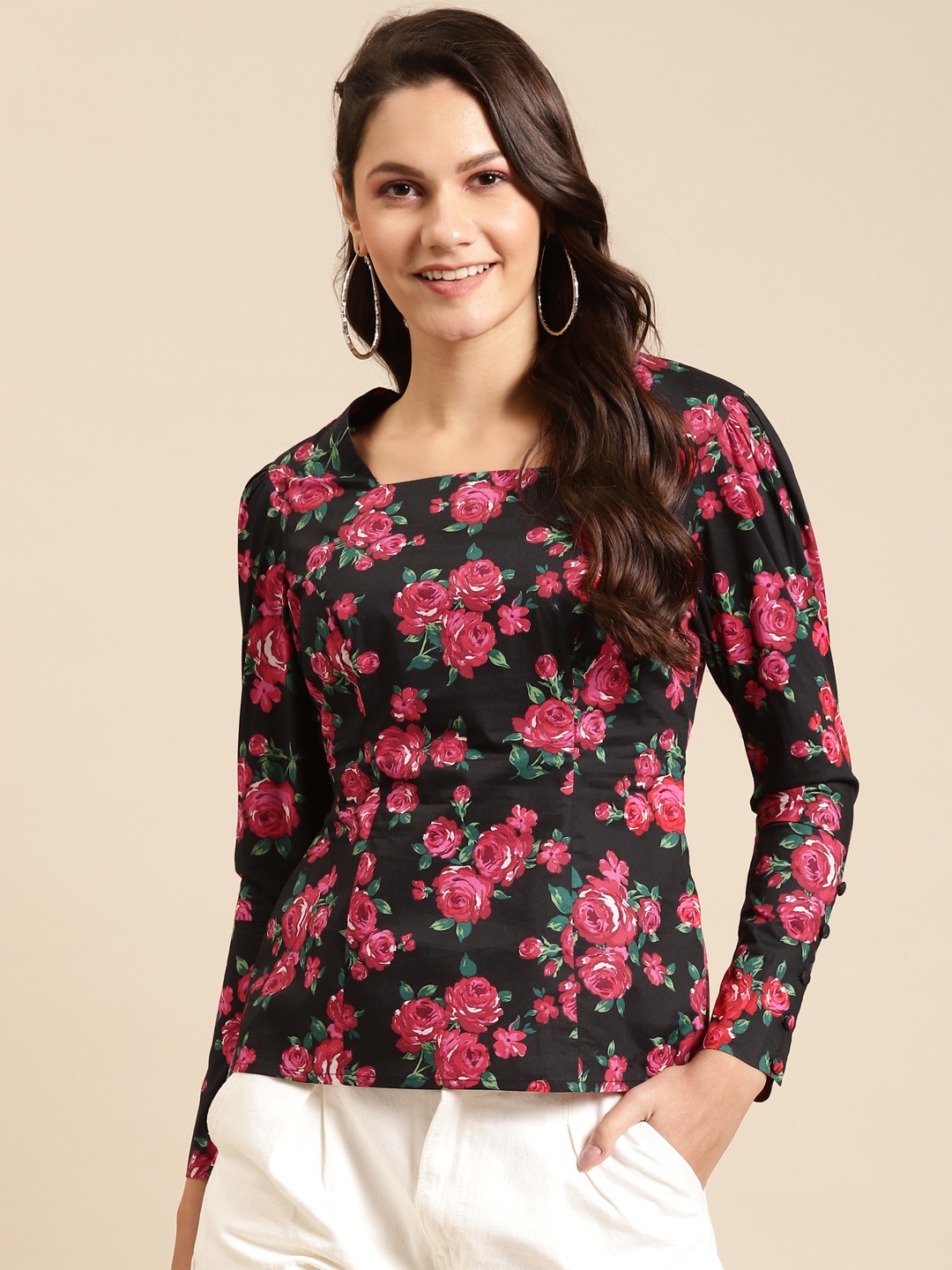 

MABISH by Sonal Jain Black & Red Floral Printed Puff Sleeves Pure Cotton Regular Top
