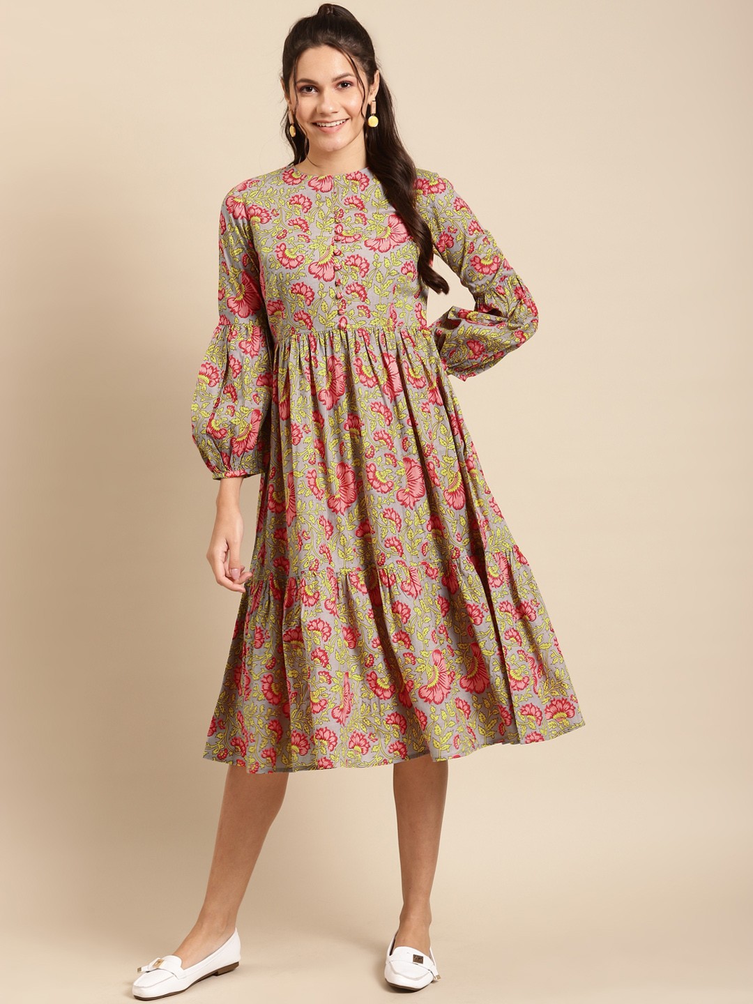 

MABISH by Sonal Jain Women Grey & Pink Floral Print Cotton Midi A-Line Dress