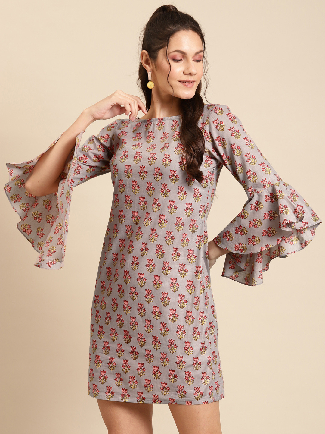

MABISH by Sonal Jain Women Grey & Pink Cotton Printed Mini Sheath Dress
