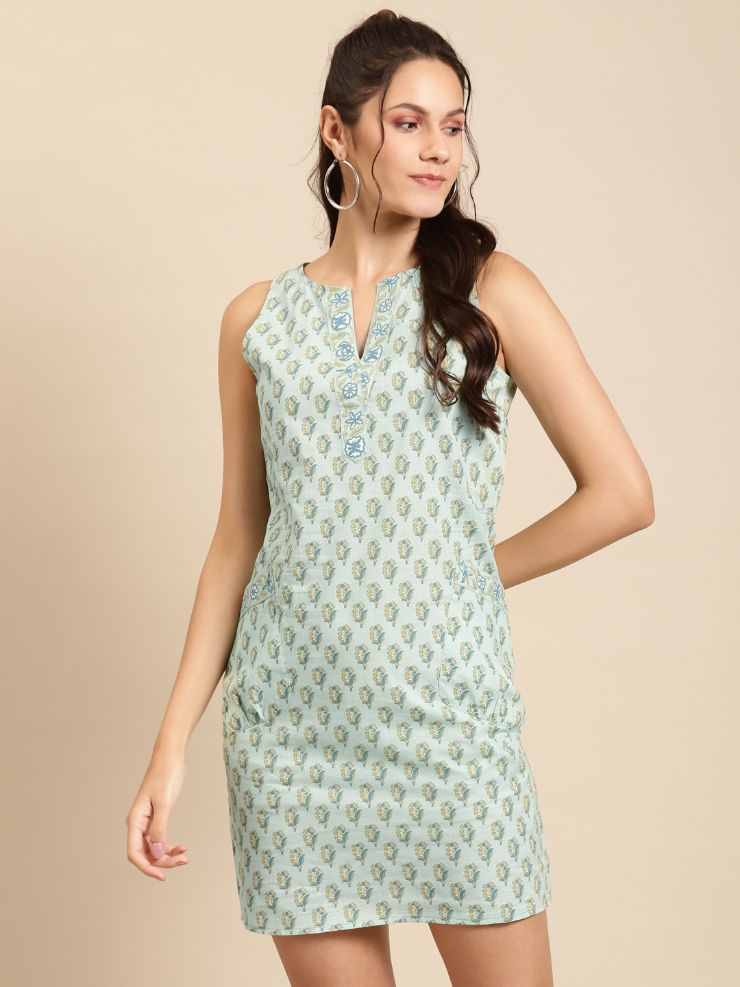 

MABISH by Sonal Jain Women Sea Green Cotton Printed Sheath Dress