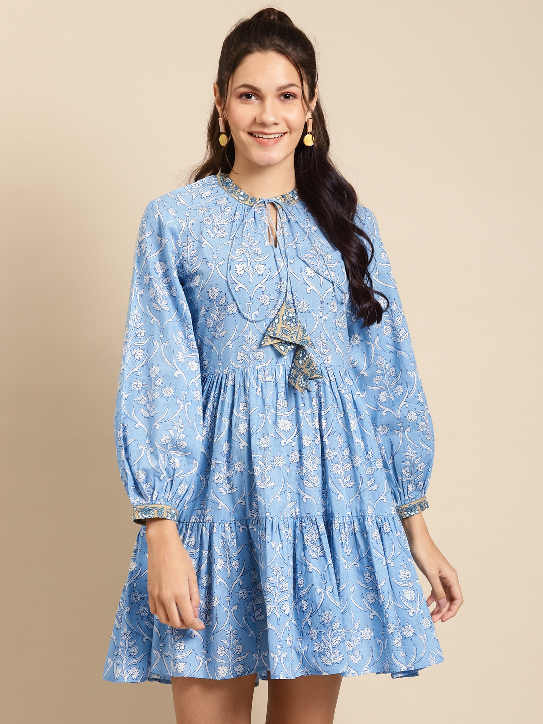 

MABISH by Sonal Jain Women Blue & White Cotton Tiered Printed A-Line Mini Dress
